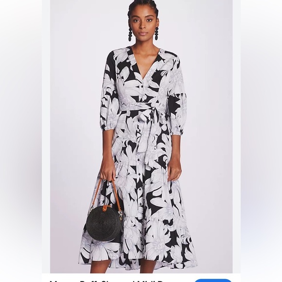 Maeve by Anthropologie Black and White Floral Romantic Midi Dress size 0 - Picture 1 of 7